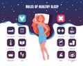 Healthy sleep. Cartoon sleeping woman rest in bed. Bedtime rules for better relaxation and wellness. Insomnia prevention