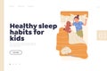 Healthy sleep habits for kids landing page template with relaxed little girl child resting in bed