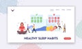 Healthy Sleep Habits Landing Page Template. Characters with Tips for Good or Bad Sleeping. Relaxed Woman in Bedroom