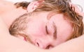 Healthy sleep habits. Man unshaven bearded face sleep bed. Time for nap. Sleep and relax concept. Man handsome guy sleep