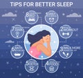 Healthy sleep infographic. Tips good night dream, deprivation of insomnia, habit food bedtime, better time rest, man