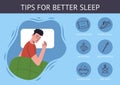 Healthy sleep rules. Guy sleeping in bed. Comfortable pillow and plaid blanket. Deep night rest. Recovery of body