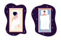 Healthy sleep. Woman man bedtime, girl on comfort bed illustration. People dreaming, sweet dreams in night starry sky
