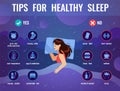 Healthy sleep. Women in bed with tips icons for good sleep, night space dream, causes deprivation, insomnia brochure Royalty Free Stock Photo