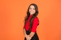 Healthy smile. Feeling lucky. Perfect girl. Positive emotions. Teen girl smiling orange background. Teen child with long