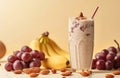 a healthy smoothie image of banana, almond and grapes Royalty Free Stock Photo