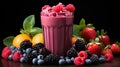 Healthy smoothie juice for diet in glass with fresh fruit and berries on plain background