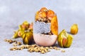 Smoothie with chia seeds in vegan coconut milk and joghurt, mixed with cereals and topped with orange persimmon and physalis Royalty Free Stock Photo