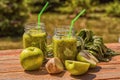 Healthy Smoothie With Spinach, apple, celery, kiwi, Brussels sprout, avocado, in glass jars, outdoor, over nature background,toned Royalty Free Stock Photo