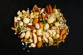 Healthy snack, assortment of different nuts on a black background Royalty Free Stock Photo