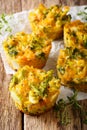 Healthy snack Broccoli muffins with cheddar cheese and thyme close-up. Vertical