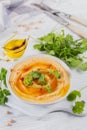 Healthy snack from crispbread with hummus, olive oil and cillantro on white wooden background