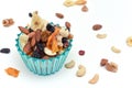 Healthy snack food trail mix of mixed nuts and dried fruits Royalty Free Stock Photo