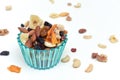 Healthy snack food trail mix of mixed nuts and dried fruits Royalty Free Stock Photo