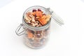 Healthy snack food trail mix of mixed nuts and dried fruits Royalty Free Stock Photo