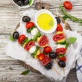 Healthy snack: mouth-watering kebabs on a picnic with tomatoes, mozzarella, salami, black olives, Basil, tortellini Royalty Free Stock Photo