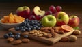 A healthy snack plate: apple, grape, almond generated by AI