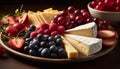 Healthy snack plate berries, camembert, bread, gouda, and wine generated by AI