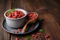 Healthy snack rich in antioxidants and vitamins for boosting immunity, dried Goji berry in a bowl and scoop with copy space