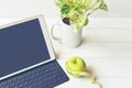 Healthy snack with working in the office. Green apple and fresh water for diet Health Plan Royalty Free Stock Photo