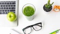 Healthy snack with working in office. Green apple and fresh water for diet Health Planning, Royalty Free Stock Photo