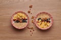 Healthy snacks in bowl: yoghurt, oat flakes, fruit, chia and goji seeds