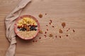 Healthy snacks in bowl: yoghurt, oat flakes, fruit, chia and goji seeds