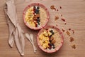 Healthy snacks in bowl: yoghurt, oat flakes, fruit, chia and goji seeds