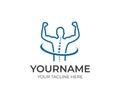 Healthy spine and joyful man with hands up logo template. Medical diagnostic center, treatment and care behind spine vector design