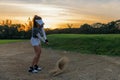 Healthy Sport. Asian Sporty woman golfer player sand trap and chips shot during his round in the banker , she presumably does exer