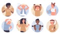 Healthy sport workout of kids in round avatar set, happy boy and girl doing exercises Royalty Free Stock Photo