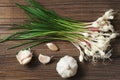 Healthy spring young garlic on vintage background
