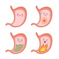 Healthy stomach and sick stomach characters. Gastritis, indigestion, vomiting, heartburn problems.