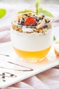 Healthy strawberry, peach and walnut parfait in a glass Royalty Free Stock Photo