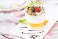 Healthy strawberry, peach and walnut parfait in a glass Royalty Free Stock Photo