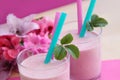 Healthy strawberry smoothie. Fresh milkshake prepared as fruity milk cocktail. Royalty Free Stock Photo