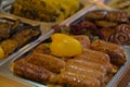 Healthy street food to go - sausages, meat, yellow bell peppers, lettuce, and other foods. Royalty Free Stock Photo