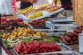 Healthy street food to go - sausages, poultry, meat, bell peppers and red tomatoes. Royalty Free Stock Photo