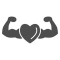 Healthy and strong heart solid icon, Gym concept, strong health sign on white background, heart with muscle arms icon in Royalty Free Stock Photo