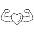 Healthy and strong heart thin line icon, Gym concept, strong health sign on white background, heart with muscle arms Royalty Free Stock Photo