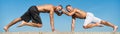 Healthy and successful. Men hold ab plank developing muscular strength. Muscular men do sport. Health care. Sport and