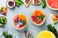 Healthy summer breakfast with fruit salad and yogurt in watermelon Royalty Free Stock Photo