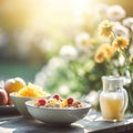 Healthy summer breakfast in garden. Created with generative Ai Royalty Free Stock Photo