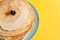 Healthy summer breakfast, homemade classic american pancakes with fresh blueornin berries. bright colorful background Royalty Free Stock Photo