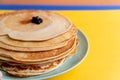 Healthy summer breakfast, homemade classic american pancakes with fresh blueornin berries. bright colorful background Royalty Free Stock Photo