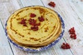 Healthy summer breakfast with homemade classic pancakes with fresh berries, light blue wooden rustic background. Whole weat Royalty Free Stock Photo