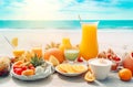 Healthy summer breakfast on sand beach near sea water over blue sky. Summer holiday or vacation background. Created with Royalty Free Stock Photo