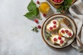 Healthy summer breakfast with sweet sandwiches with ricotta, raspberries and honey on a stone table. Top view flat lay. Copy space