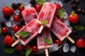 Healthy summer food concept assorted berry popsicles on a metal plate, a top view flat lay
