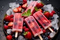 Healthy summer food concept assorted berry popsicles on a metal plate, a top view flat lay